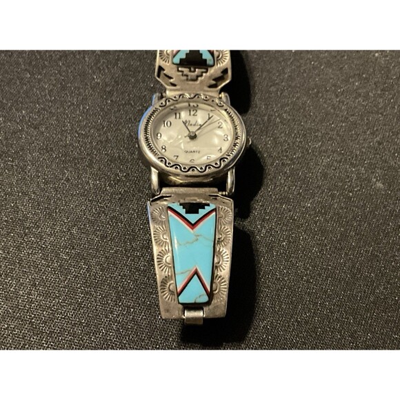 Vintage Sterling Turquoise MOP Face Nadia Artist Signed Native Wrist Watch - Picture 2 of 8